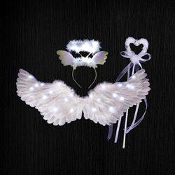 White Angel Wings Costume Angel Wings Led lys med hår Hoop og Magic Stick Barn Voksen Rollespill Costume Fancy-kjole Hvit 65*35cm