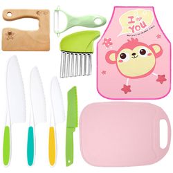 9 stykker Tre Kids Kniver Sett Potet Wave Knife Plast kniver Med Forkle Peeler Perfekt Starter Knife Set 129133