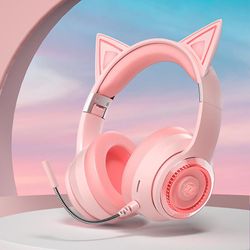 Trådløs Bluetooth Cat Ears RGB-belysning hodetelefoner avtakbar HD-mikrofon Hifi lydkvalitet Gaming Headset støtter TF-kort rosa 1 ingen boks