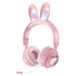 Fiauli KE-01 trådløs øretelefon Bluetooth 5.0 understøtter SD-kort RGB-lys Dejligt kaninøre foldbart headset til gave Pink