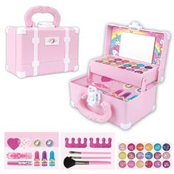 Børn Makeup Toy Kit Vaskbar Børn Makeup Skønhedslegetøj med bærbar kosmetikboks Hvid