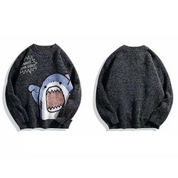 Unisex Cartoon Shark Sweater Crew Hals Langærmet Overdimensioneret Strik Jumper Toppe Sort L