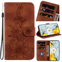 Foxdock Kompatibel med Samsung Galaxy A70 / A70s preget Lily lommebokveske med kortholder pu lærflipdeksel Brown