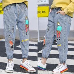 Børn Boutique Fashion Printed Jeans Elastisk Waist Pants Slim-fit bukser Blå