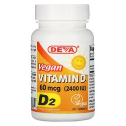 Deva, Vegansk D-vitamin, D2, 60 mcg (2.400 IE), 90 tabletter