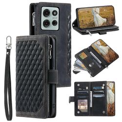 tyyli 005 varten Motorola Moto G75 5G lompakkokotelo rombiompeleet linja PU nahkainen puhelimen kansi - musta Monivärinen Black