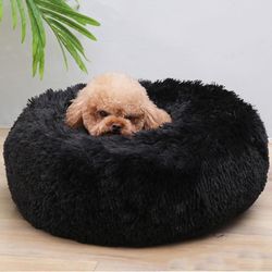 Slowmoose Myk plysj hund seng - rund form sovepose, vinter varme senger Svart XL Diameter 80cm