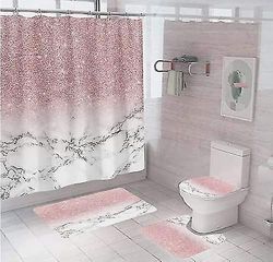 unbrand 4 stk rosa bad dusjforheng sett med vanntett dusjforheng, sklisikker myk flanell tepper, toalett lokk deksel, badematte og 12 kroker for hj...