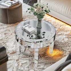 Moderni pyöreä peilattu sohvapöytä kristallitimanttiupotuskorostuspöydällä