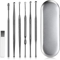 Linkrunning Ørevoksfjernelsessæt - Ørestikkerværktøjer Rustfrit stål 6 i 1 øreske-curette (med beskyttende polstret kasse) Sort As shown