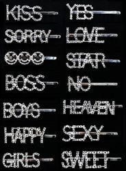 Baicccf Word Hair Clips naisille, 15 kpl Crystal Letter Hair Pins naisille, Strassi KYLLÄ Ei HAPPY KISS SORRY BOSS ja muut Letter Hair Barrette nai...