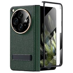 Aitoa nahkaa oleva kotelo Oneplus Openille, sisäänrakennettu näytönsuoja All-inclusive-suojakansi saranasuojauksella ja jalustalla Vihreä