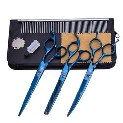 7,0 tommer Blå 3pcs Pet Gromming Saks Skæring Barber Buet Shears Frisør Tools