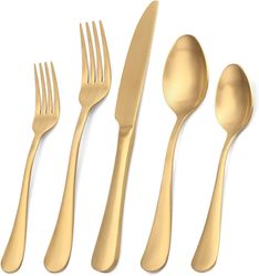 Linkrunning Bestiksæt i 5 dele i rustfrit stål, køkkenredskabssæt, bestik, bestiksæt til hjemmet og restaurant, tåler opvaskemaskine (gylden)