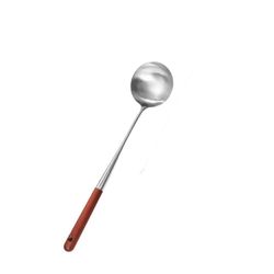 Kokkiluokan ruostumattomasta teräksestä valmistettu erikoisuus kiinalainen Wok-astiasetti, lastalla ja kauhalla puisella kahvalla ja ripustusreiäll...