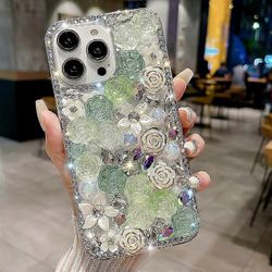 IPhone 15 Pro Bling -kotelolle TPU + PC Rose Flower Pearl käsintehty kaunis puhelimen kansi Vihreä