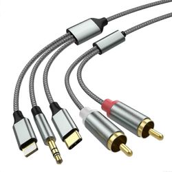 Lightning-RCA-kaapeli Audio Aux -sovitin, RCA-3,5 mm: n kaapeliUSB C - 2 RCA -äänikaapeli, 3 in 1 -äänikaapeli autoon, kotiteatteriin, kaiuttimeen ...