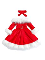 Toddler Baby Girls Velvet Christmas Dress Børn Langærmet Flæse Julemanden Kjole Xmas Princess Kjole Pandebånd Sikker og praktisk 2-3 år