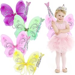 4 sett Fairy Butterfly Wings med tryllestaver Rosa lilla grønn gul Girls 'Fairy Angel Wings diverse farger Princess Fairy Wings for Butterfly Angel...