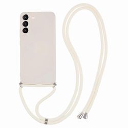Samsung Galaxy S21 4G / 5G -kotelolle kumitettu kuituvuorikansi pitkällä kaulanauhalla Valkoinen