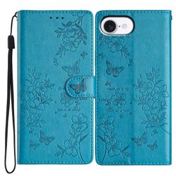 iPhone 16e -lompakkokotelo, perhoskuvioinen nahkainen läppäkotelo hihnalla - sininen Monivärinen Blue