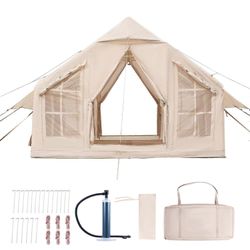 Succebuy Puhallettava retkeilyteltta 4-6 hengelle, nopea asennus käsipumpulla, kestävä 300D Oxford-kangas kaikkina vuodenaikoina, sisältää liesinostin