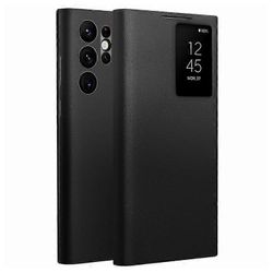 QIALINO-yhteensopiva Samsung Galaxy S22 Ultra 5G -ikkunan kanssa Matkapuhelinkotelo Älykäs Auto Herätys / Nukkuminen Aito Lehmännahka Musta