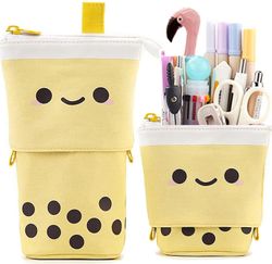Coosilo Cute Penalhus Stående Pen Holder Teleskopisk Makeup Pose Kosmetik Taske gul