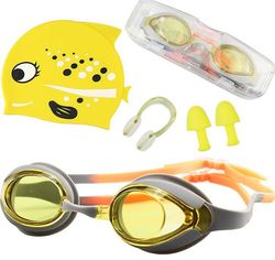 Handuo 4pcs Silikone Svømning Beskyttelsesbriller Swimming Cap Set gul