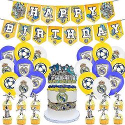 Real Madrid teema syntymäpäiväjuhlat koristeet fanipoika jalkapallojoukkue syntymäpäivälippu kakku kortti ilmapallojärjestely