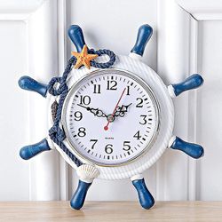 Ulkoseinäkello, puinen Välimerellinen tyyli pyörä peräsinkello Ocean Theme Rantakello Merivene Koristeellinen kello (sininen)