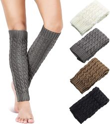 Xqday 4 par kabelstrik benvarmere Lady Vinter strikket hæklet lange legging sokker sort/hvid/grå
