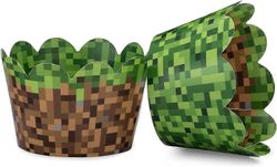 Minecraft-teemainen cupcake Wraps syntymäpäiväjuhlasetti, jossa on 24 käännettävää insinööriruohoa ja vihreää pikseliä cu