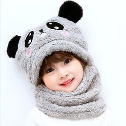 Vinter Børn Hatte Strikkede Hatte Baby Girl Plus Velvet Cartoon Hat Face Tørklæde Baby Hat Cute Cat Ears Hat Børn grå