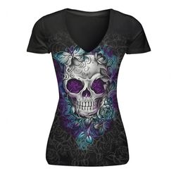 Ruili Grænseoverskridende udelukkende til Ebay Wish2017 Europæiske og amerikanske eksplosionsmodeller Skull Digital Printing V-neck Kortærmet T-shi...