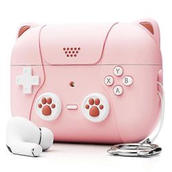 Yhteensopiva Apple AirPods Pro / AirPods Pro 2 -silikonikotelon kanssa Cat Game Console Design -kuulokkeiden kansi kaulanauhalla Vaaleanpunainen