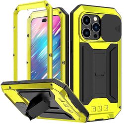 Tikuajgift Armor Heavy Case -yhteensopiva iPhone 14 Pro Max / 14 Pro / 14 Plus liukukamerakannen jalustalla Keltainen