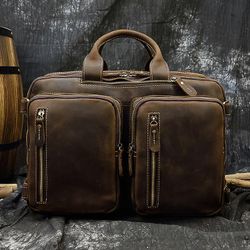 Crazy Horse Ekte skinnkoffert for Man Fit 17 "bærbar ryggsekk 3 Bruk Leather Business Handbag Mann Big Travel Bag brun2