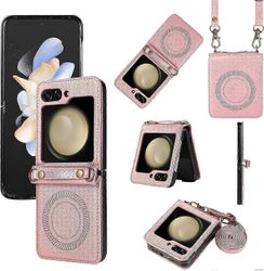 Magsafe Crossbody nahkainen iskunkestävä kotelo Samsung Galaxy Z Flip 6:lle irrotettavalla hihnalla Ruusu kullan