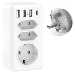 7 in 1 matkasovitin, jossa 3 USB- ja USB-C-sovitinta Ranska–Iso-Britannia-sovitin UK-pistoke UK Type G -sovitin Irlantiin, Malesiaan, Englantiin, I...