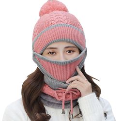 Besser Winter Lady 3pcs Strik Pom Hat Tørklæde Ansigtsmaske Sæt Pink