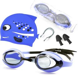 Handuo 4pcs Silikone Svømning Beskyttelsesbriller Swimming Cap Set blå2