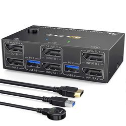 KCEVE KVM -kytkin kahden näytön DisplayPort, 4 USB3.0 kahdelle tietokoneelle, 2 in 2 ulos DP 1.4 KVM -kytkin Musta