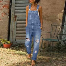 Women: n Pesty Denim Bib Farkut Haalarit Rento Revitty Denim Jumpsuits Rompers Sininen M