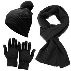 3pcs / sæt Hat Tørklæde Handsker Vinter Varm Hue Kabel Strikket Lang Tørklæde Handsker Sort