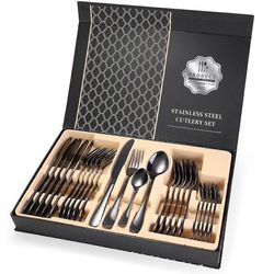 Aoweisia 24pcs / sæt luksus rustfrit stål bestik sæt Sort