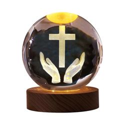 Crystal Ball Night Light kaiverrettu Pyhän perheen hahmopatsas puisella jalustalla Väri Valon vaihtaminen Lasi Uskonnollinen kokoelma Katolinen kir...