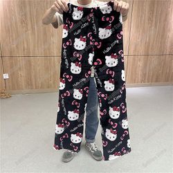 Fsu Kawaii Sanrio Hello Kitty Pyjamas Sort Anime Flannel Uld Hvid Tegneserie Casual Home Pants Efterår Mode Bukser Plys Gave L LK2342-YYY