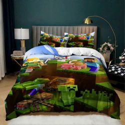 Kerota Pussilakanasetti yhden koon lapsille, pojat, tytöt, makuuhuone, Minecraft-vuodevaatteet, sininen pussilakana, päiväpeite, MC 04) Single135x2...