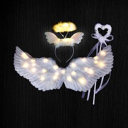 Crexa White Angel Wings Costume Angel Wings Led lys med hår Hoop og Magic Stick Barn Voksen Rollespill Costume Fancy-kjole Gul 80*40cm